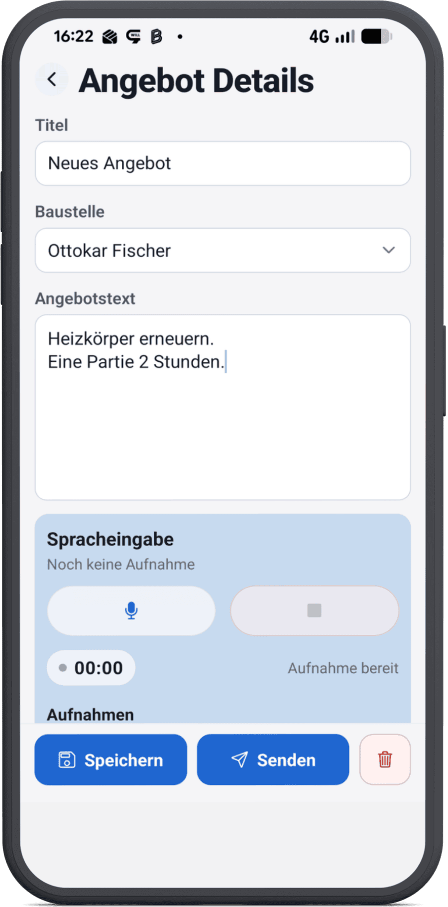Smartphone Ansicht der Angebotserstellung per Sprache in der KI Baustellenmanagement App
