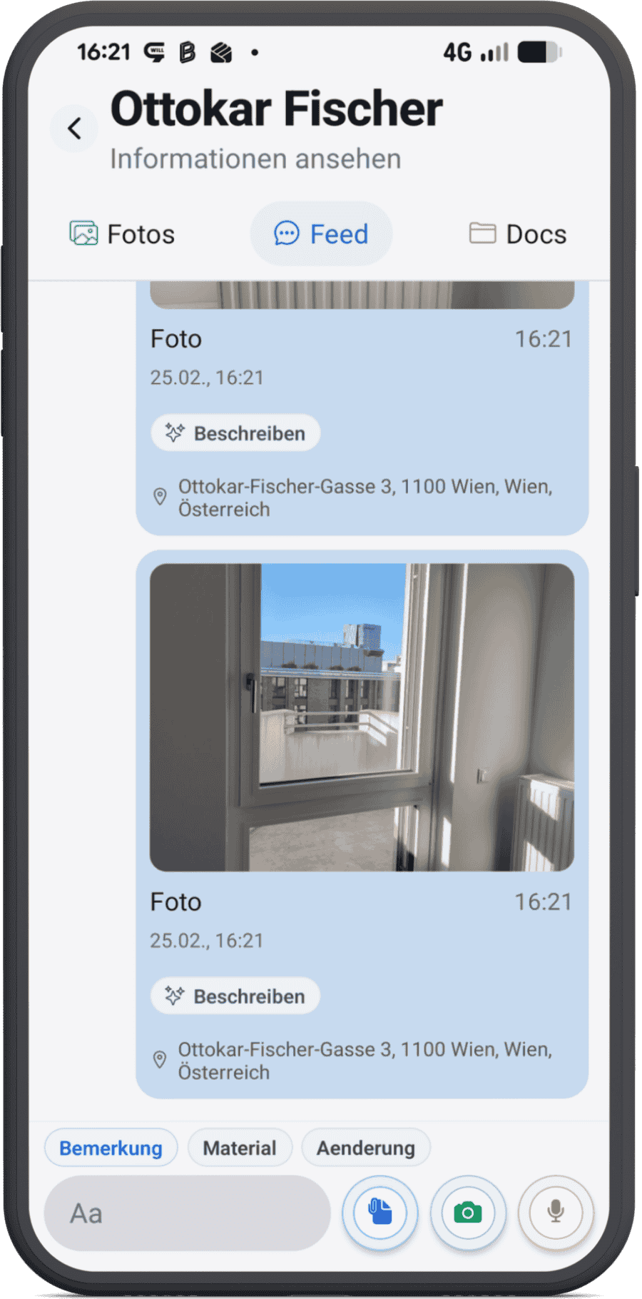 Smartphone Ansicht der mobilen Erfassung mit Fotos und Sprachnotizen