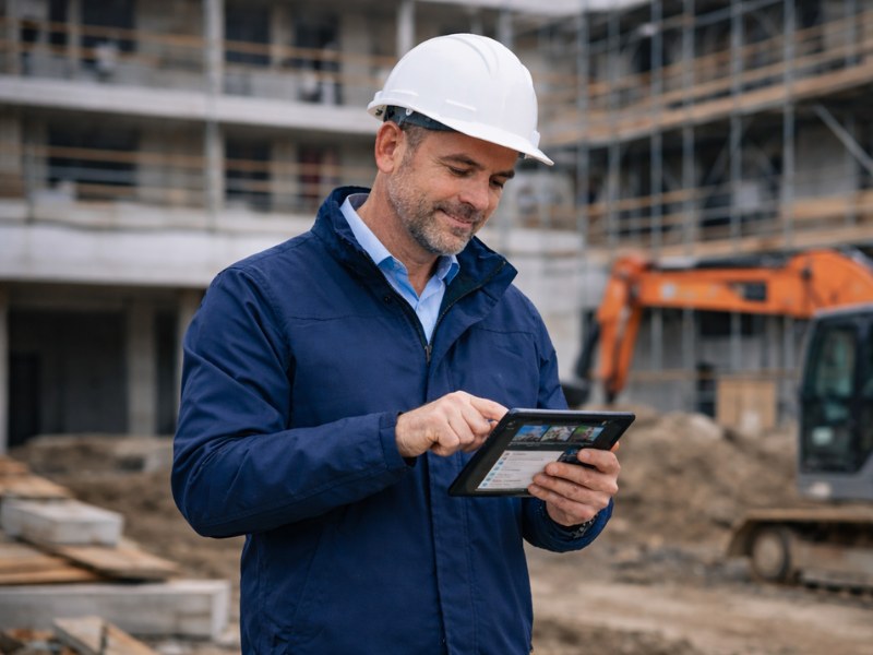 Bauleiter mit Tablet – Projektstatus, Fotos und Bautagebuch im Überblick