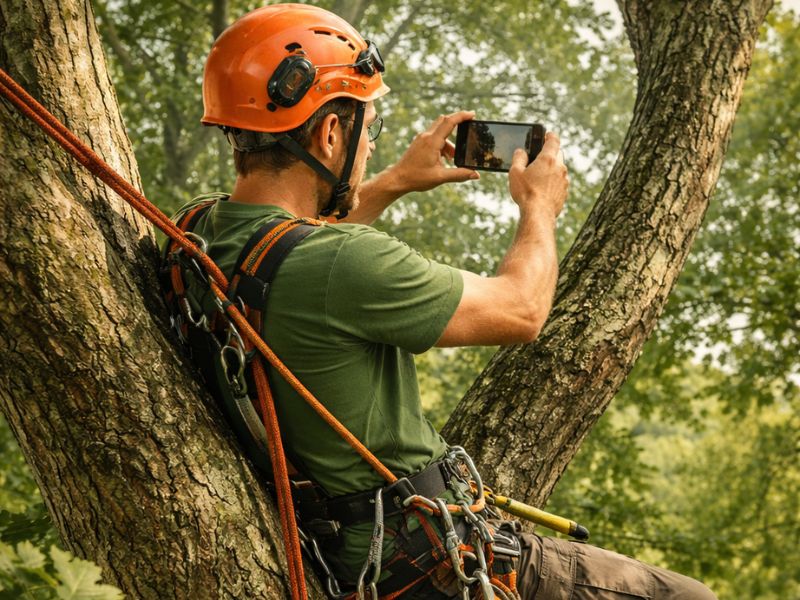 Baumpflegebetrieb bei einem Vor-Ort-Termin als Ausgangspunkt für die Angebotserstellung